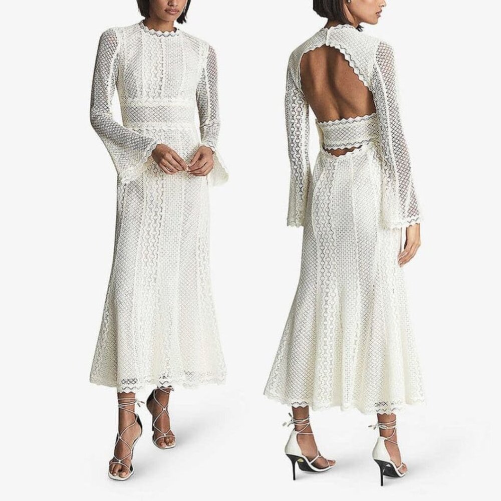 NWT Reiss Aspen Heavy Lace Midi Dress Sz 8 in White Bell Sleeves Cut-out Back